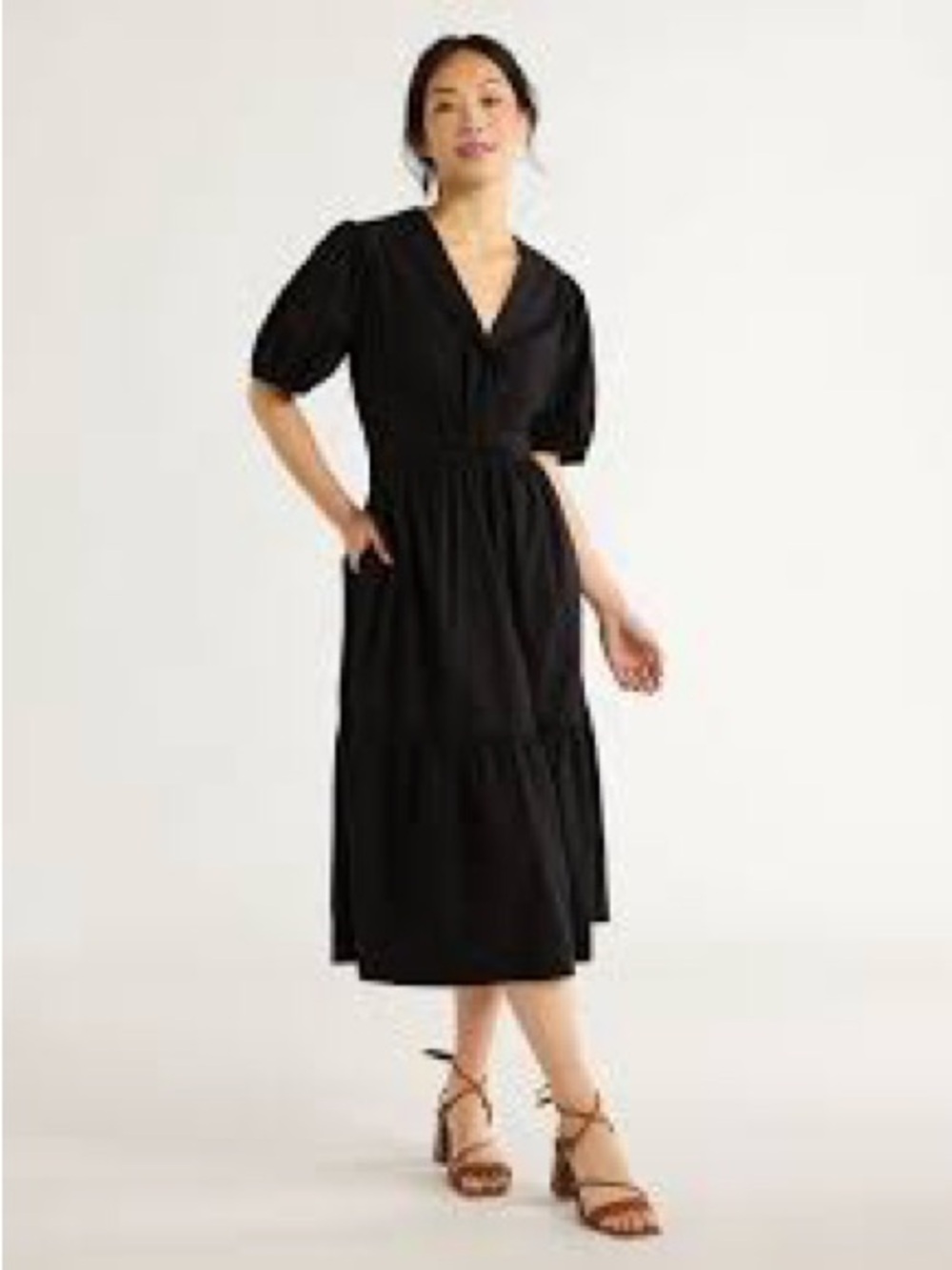 100% Cotton Black V-Neck Twist Front Midi Dress with Puff Sleeves